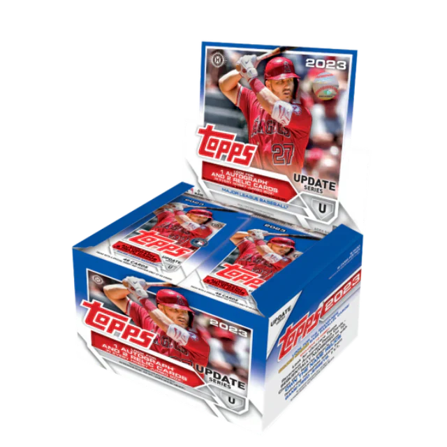 Stacked 2023 baseball trading card jumbo boxes with colorful Topps Update Series packaging shown at an angle