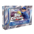 Hobby box of 2025 chrome baseball cards with colorful sealed packaging and promotional stickers