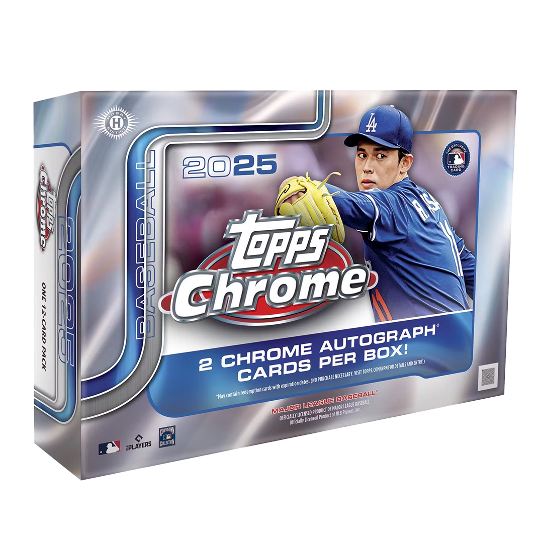 Hobby box of 2025 chrome baseball cards with colorful sealed packaging and promotional stickers