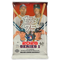 Pack of 2026 baseball trading cards with colorful team logos and a player action shot visible through the wrapper.