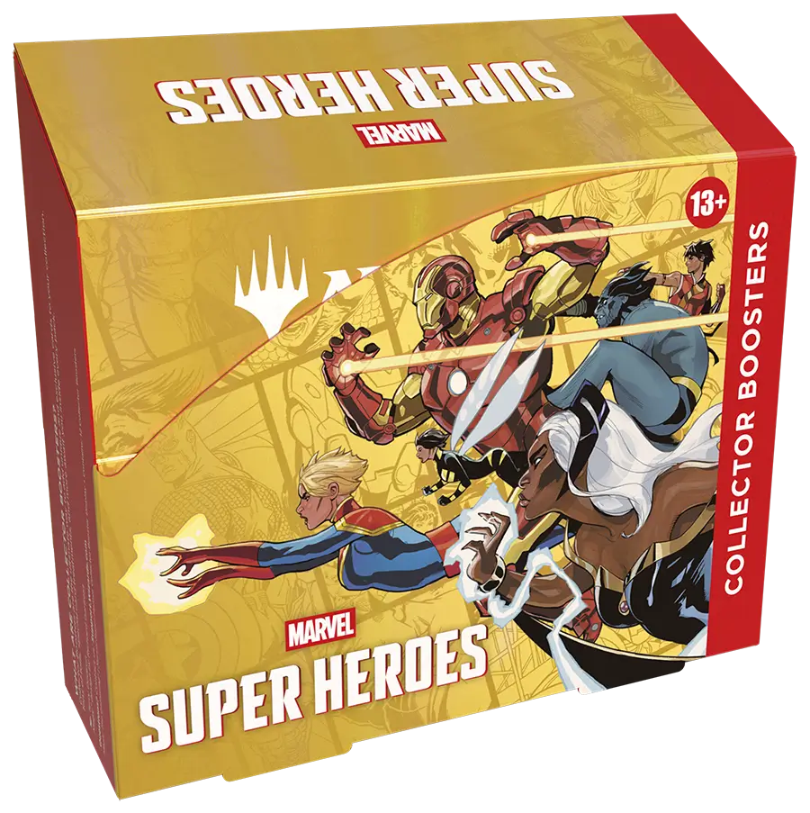 Box of Marvel Super Heroes collector booster packs with comic-style hero artwork and colorful pack foil