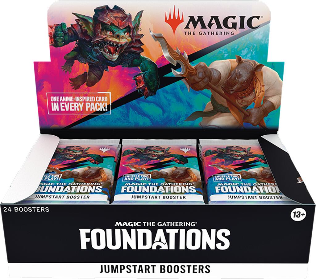 Display of Foundations Jumpstart booster sachets arranged upright in a countertop promotional display