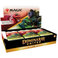 Box of colorful Magic: The Gathering Dominaria United Jumpstart boosters fanned out on a white background