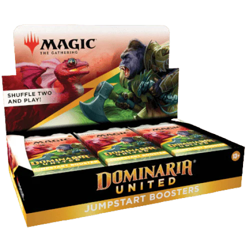Box of colorful Magic: The Gathering Dominaria United Jumpstart boosters fanned out on a white background