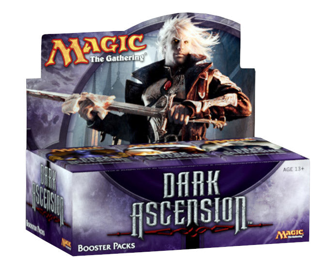 Dark Ascension booster box with stacked booster packs and foil accents on a dark fantasy-themed backdrop
