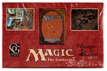 Top-down view of a sealed trading card booster box with dark fantasy artwork and metallic accents