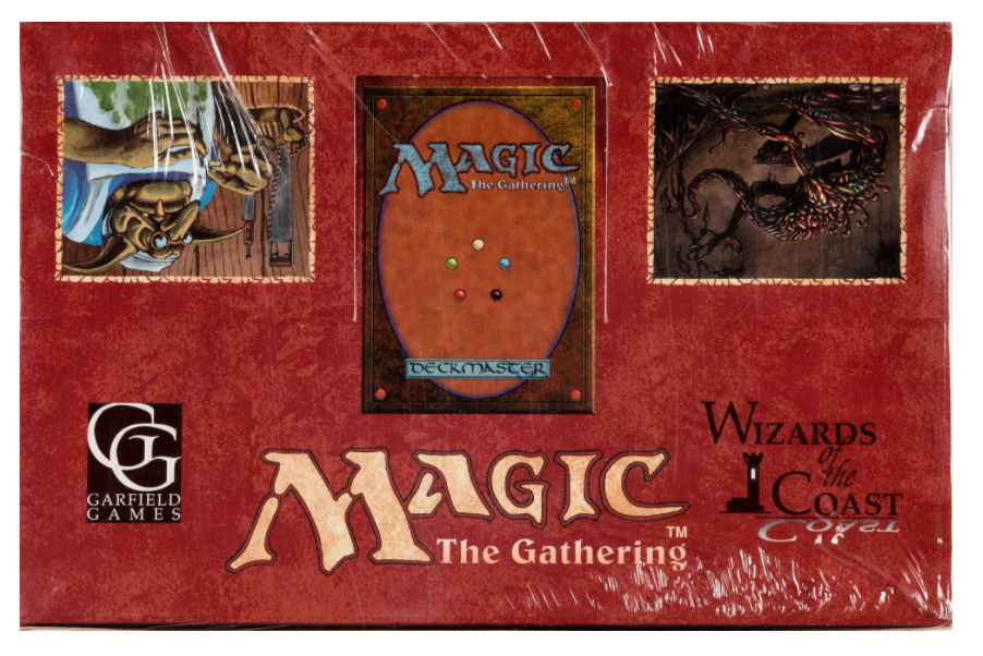 Top-down view of a sealed trading card booster box with dark fantasy artwork and metallic accents