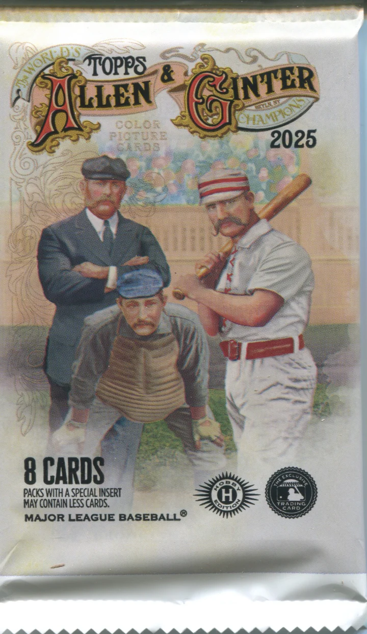 Sealed 2025 Topps Allen & Ginter baseball hobby pack showing colorful vintage-style card back and logo