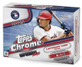 Hobby box of 2025 baseball chrome cards with colorful foil packs and collectible card peek