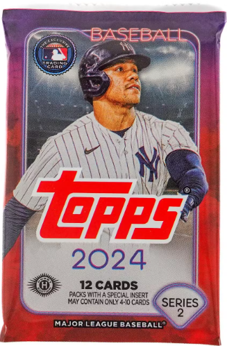 Stack of 2024 Series 2 Topps baseball hobby packs fanned out showing colorful card backs and logo accents