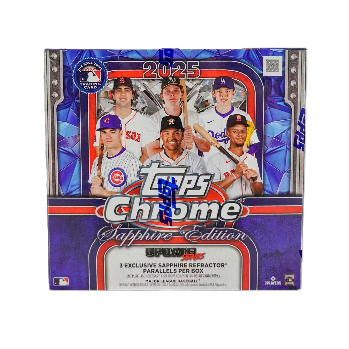 Box of 2025 Topps Chrome Update Sapphire Edition baseball cards with blue chrome design and team logos visible