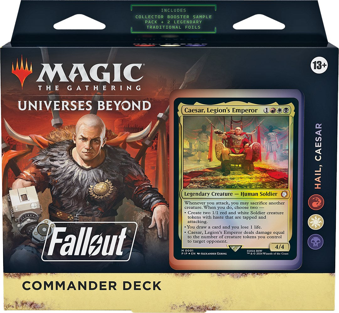 Commander deck box with Fallout-themed artwork featuring Vault Boy, retro-futuristic motifs, and a bold title