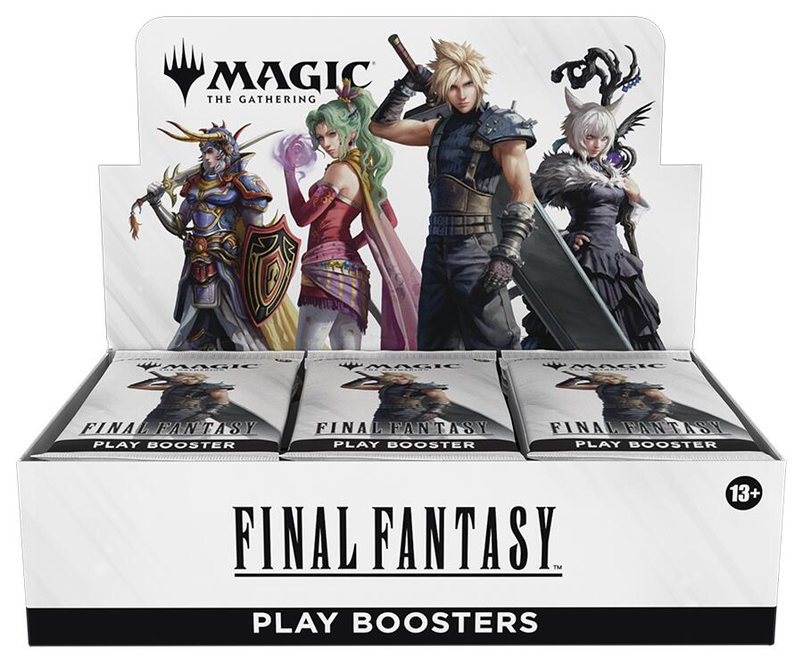 Limited-edition Final Fantasy Play Booster display box featuring Primedexi model artwork and collectible card sleeves