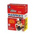 Blaster box of 2025 Topps Heritage baseball cards featuring retro team logo artwork and sealed plastic packaging.