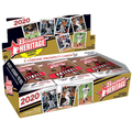 Open hobby box of 2020 baseball cards showing sealed packs and featured card inserts on a tabletop