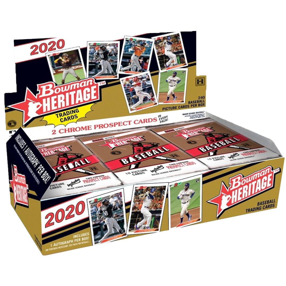 Open hobby box of 2020 baseball cards showing sealed packs and featured card inserts on a tabletop