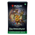 Top-down view of a Bloomburrow Commander deck box and cards with floral, green-and-white creature artwork