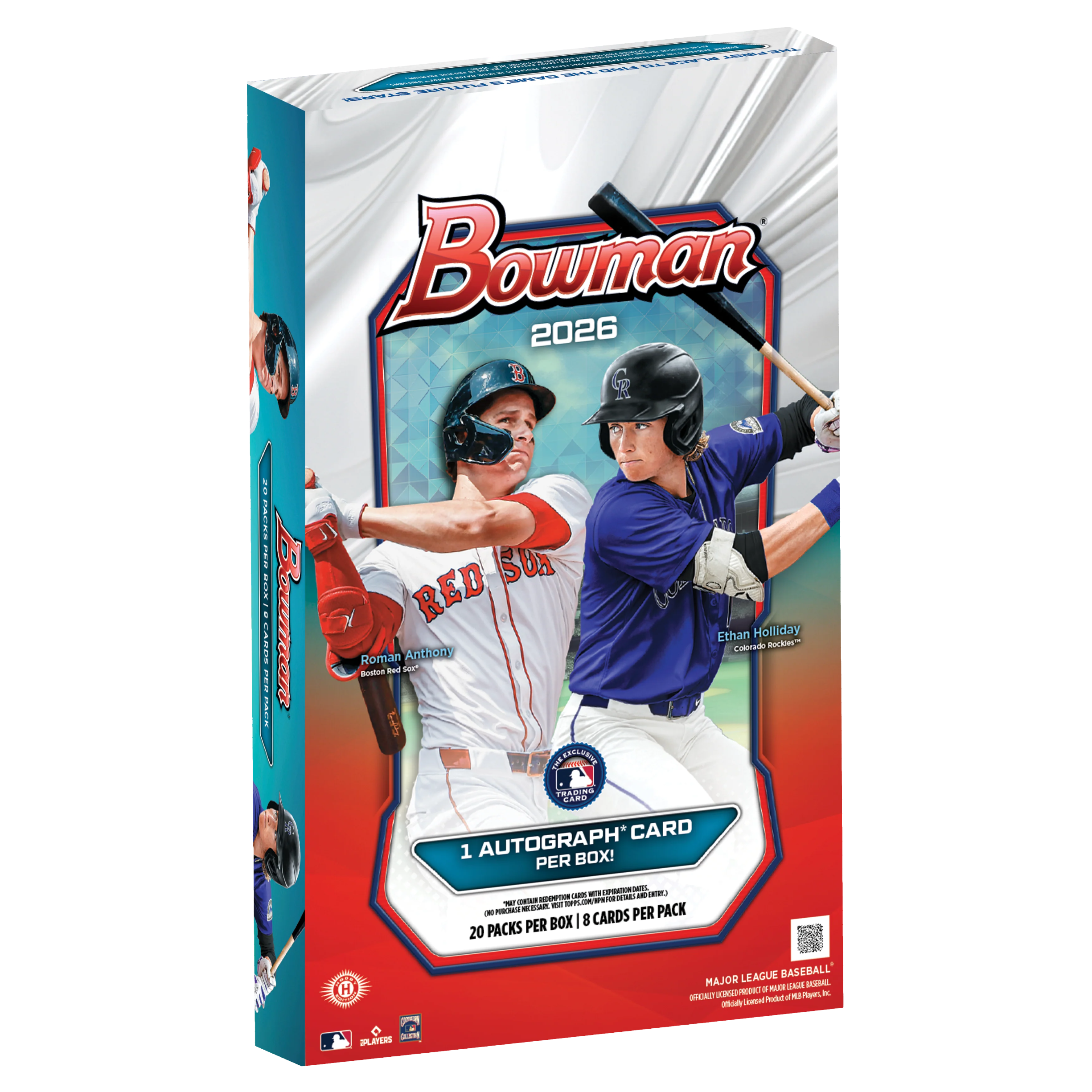 2026 Bowman baseball hobby box with glossy card art stacked on a plain white background