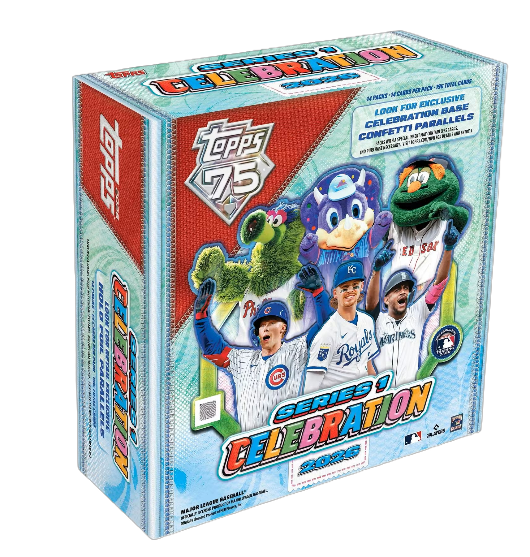 Top-down view of a sealed 2026 baseball trading card celebration mega box with colorful team logos and graphics