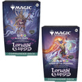 Two themed Commander card decks in decorative tuck boxes featuring fantasy art with dark and light contrasting motifs