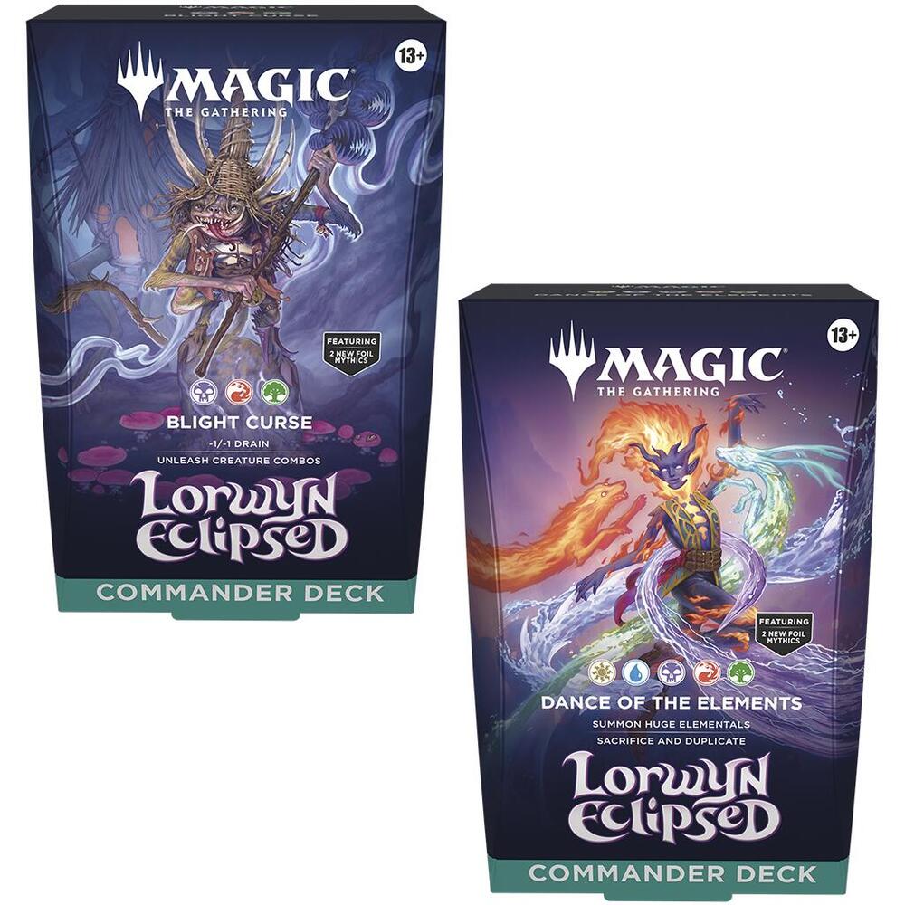 Two themed Commander card decks in decorative tuck boxes featuring fantasy art with dark and light contrasting motifs