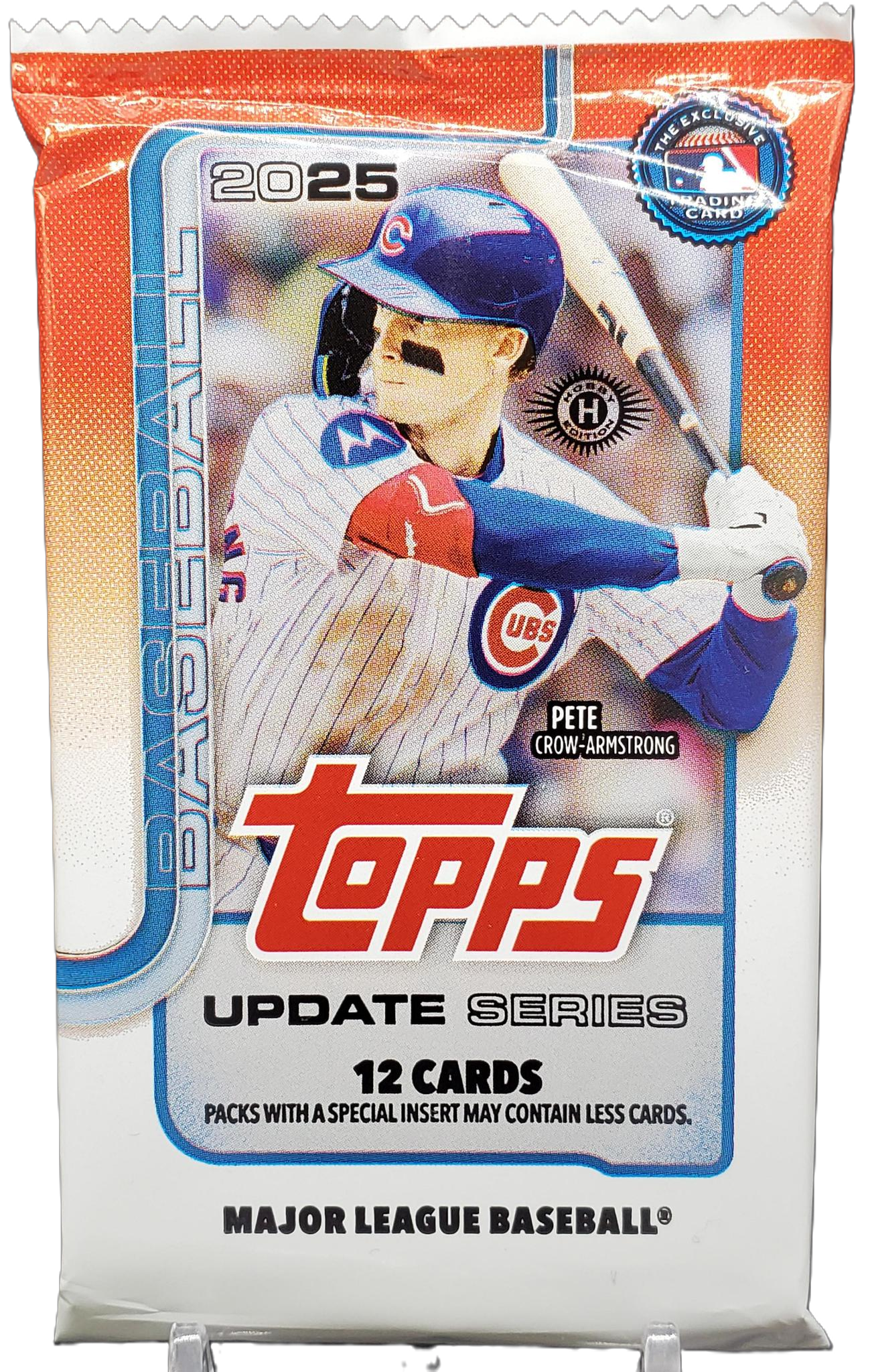 2025 baseball hobby pack box with colorful card artwork and player images on a white background