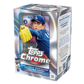2025 Topps Chrome baseball blaster box with shiny foil packaging and team logos visible on the front