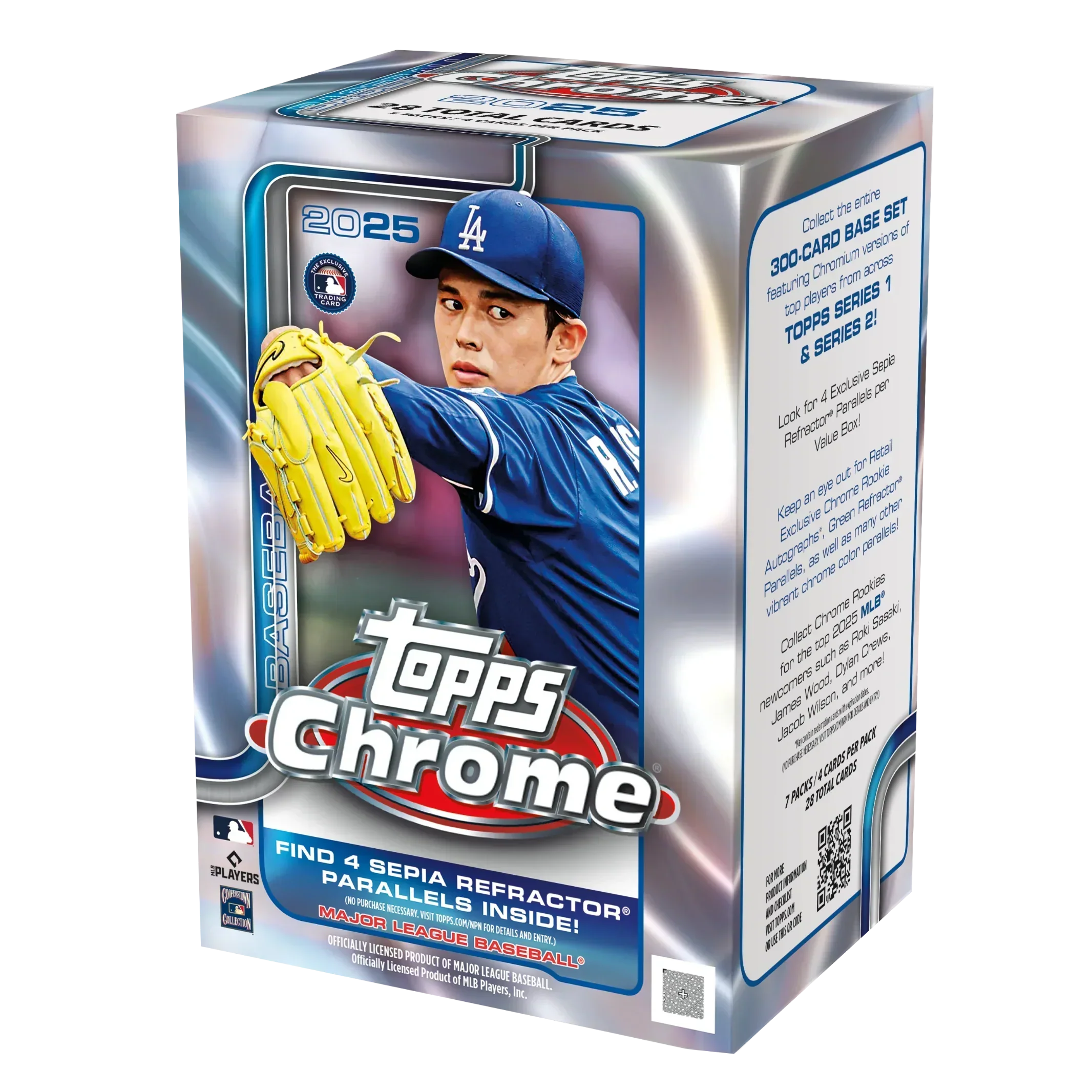 2025 Topps Chrome baseball blaster box with shiny foil packaging and team logos visible on the front