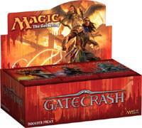 Stacked booster box with colorful fantasy creature art and sealed booster packs for trading card expansion