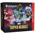 Close-up of a draft night booster pack for Marvel Super Heroes trading cards, colorful hero artwork on foil packaging.