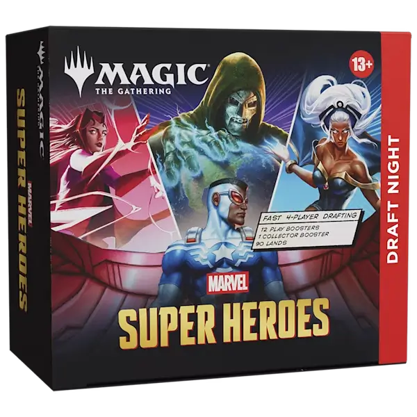 Close-up of a draft night booster pack for Marvel Super Heroes trading cards, colorful hero artwork on foil packaging.