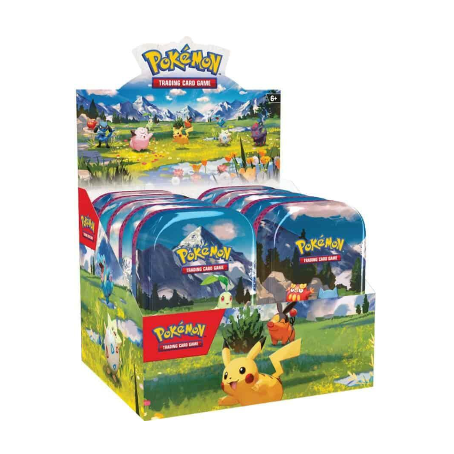 Compact metal display case with hinged lid holding six painted mini hero figures in foam slots