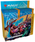 Collector booster display box with holographic card art and sealed booster packs arranged on a black surface