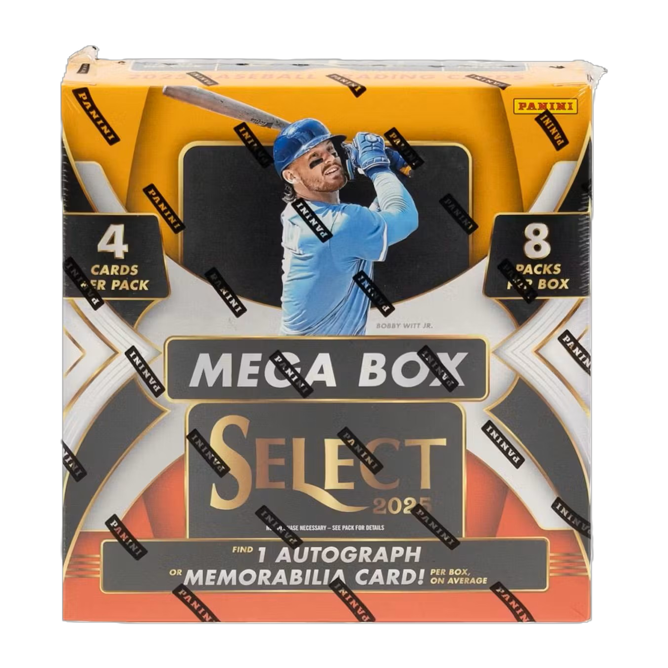 Sealed 2025 Select baseball mega box with colorful team logo artwork and retail packaging on white background.