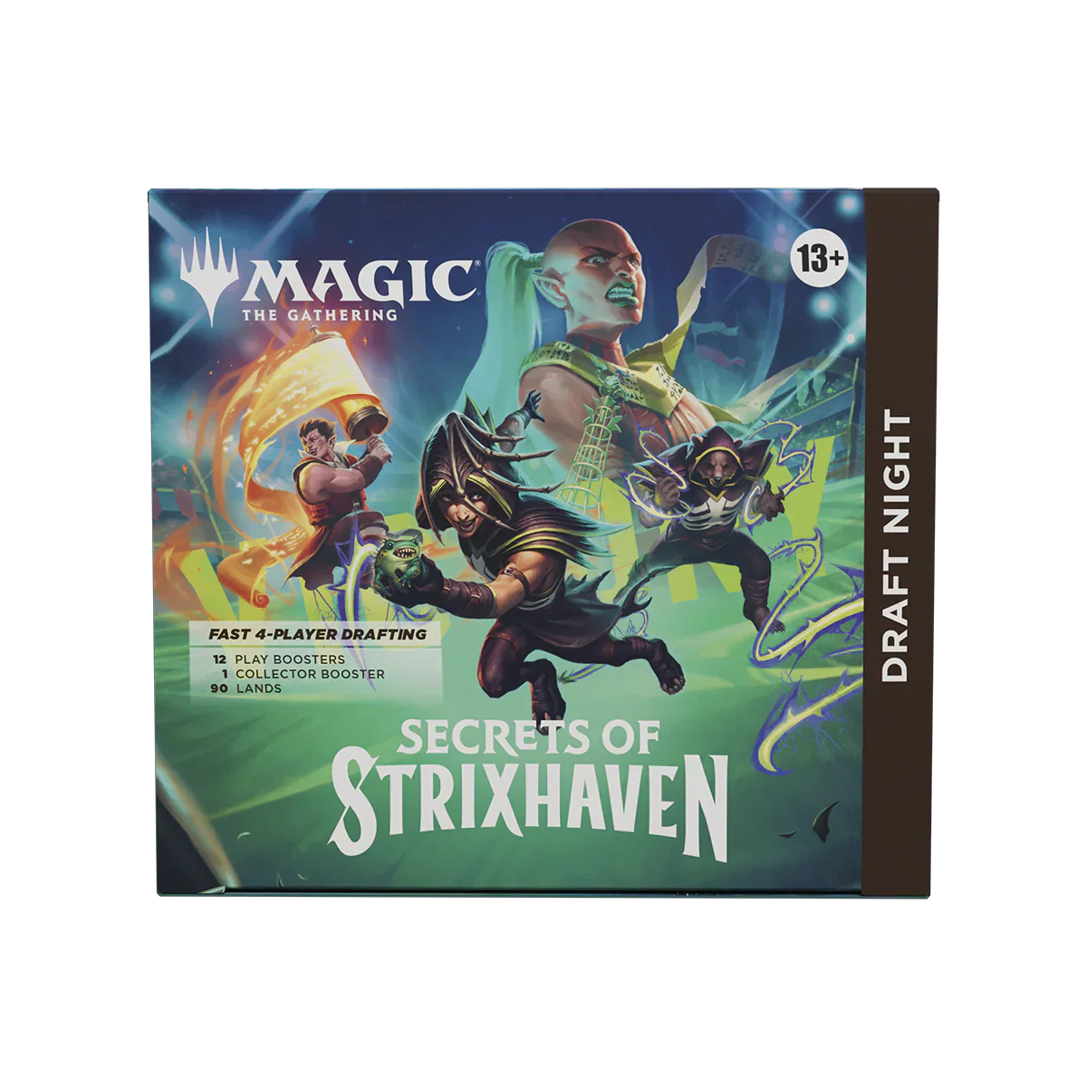 Event poster showing Magic: The Gathering draft night details with Strixhaven artwork and schedule information