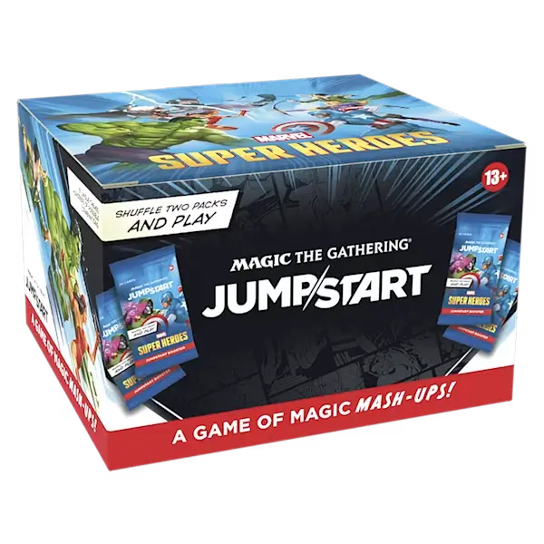 Deck box of Marvel Super Heroes Jumpstart booster packs stacked in a display, showing colorful comic-style artwork