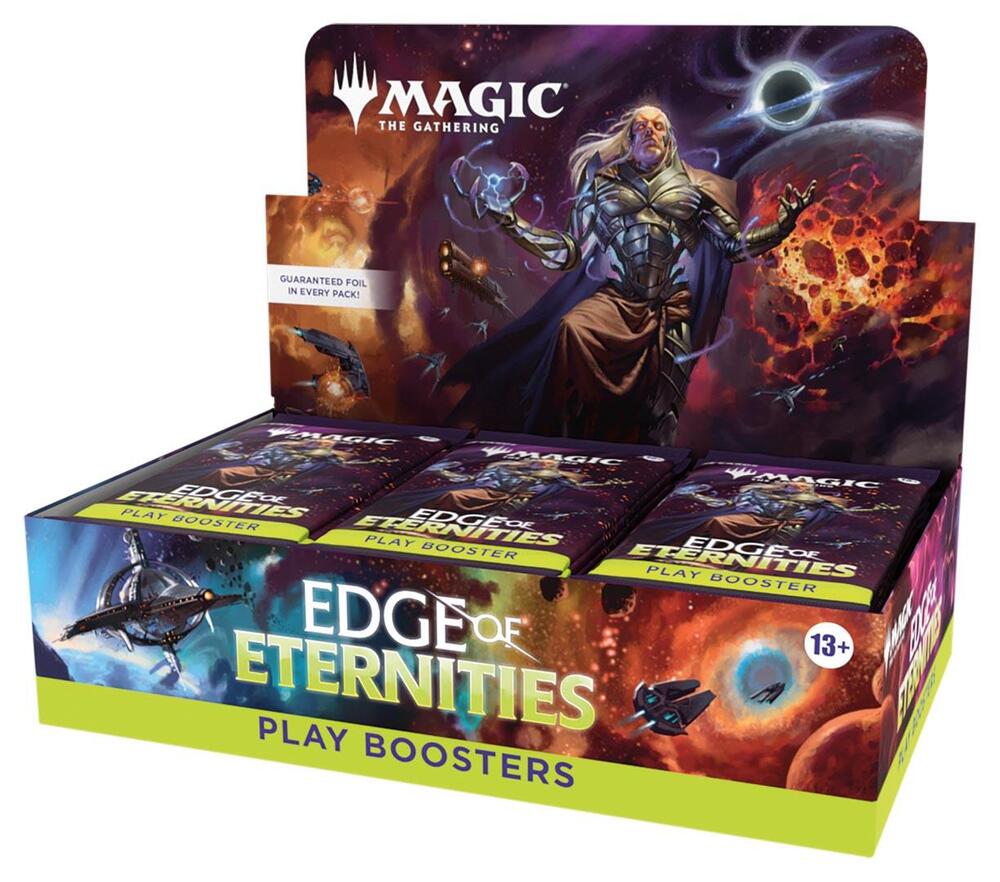 Display box of Edge of Eternities booster packs with vibrant sci‑fi artwork and sealed foil boosters inside