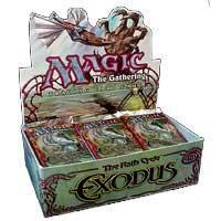 Booster box of collectible card game packs with colorful fantasy artwork on the box front