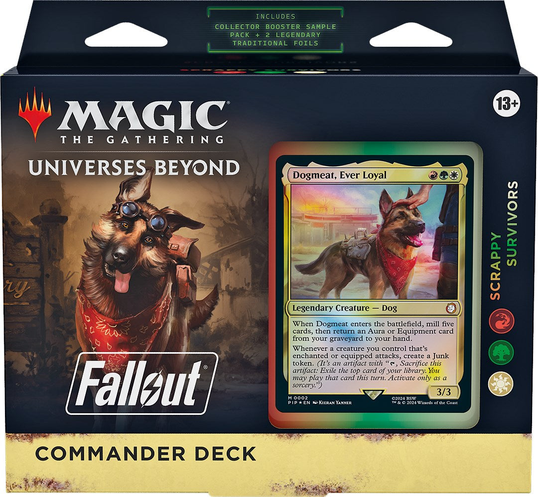 Top-down view of a colorful card game commander deck box and illustrated booster-style cards fanned on a dark tabletop