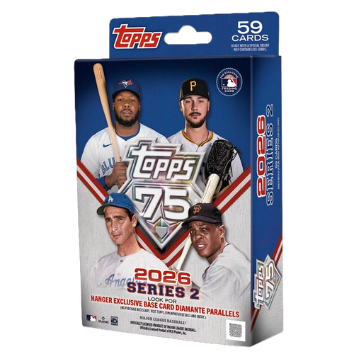 2026 Topps Series 2 baseball hanger box with card pack artwork and hobby packaging on white background