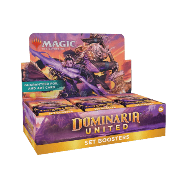 Opened set booster box of Magic: The Gathering cards with colorful card artwork fanned out on a table