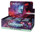Three-tiered play booster display with horror-themed card sleeves and boxed figure in dusky black and purple tones