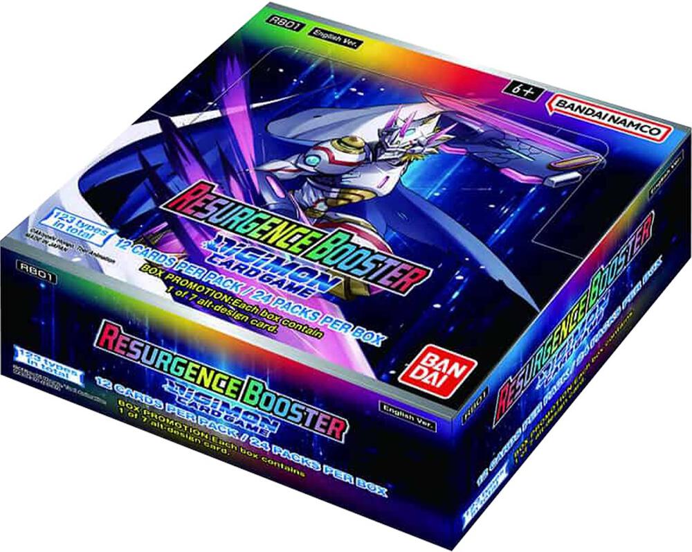 Digimon Resurgence booster box with colorful Digimon art and sealed packaging for collectible card booster packs