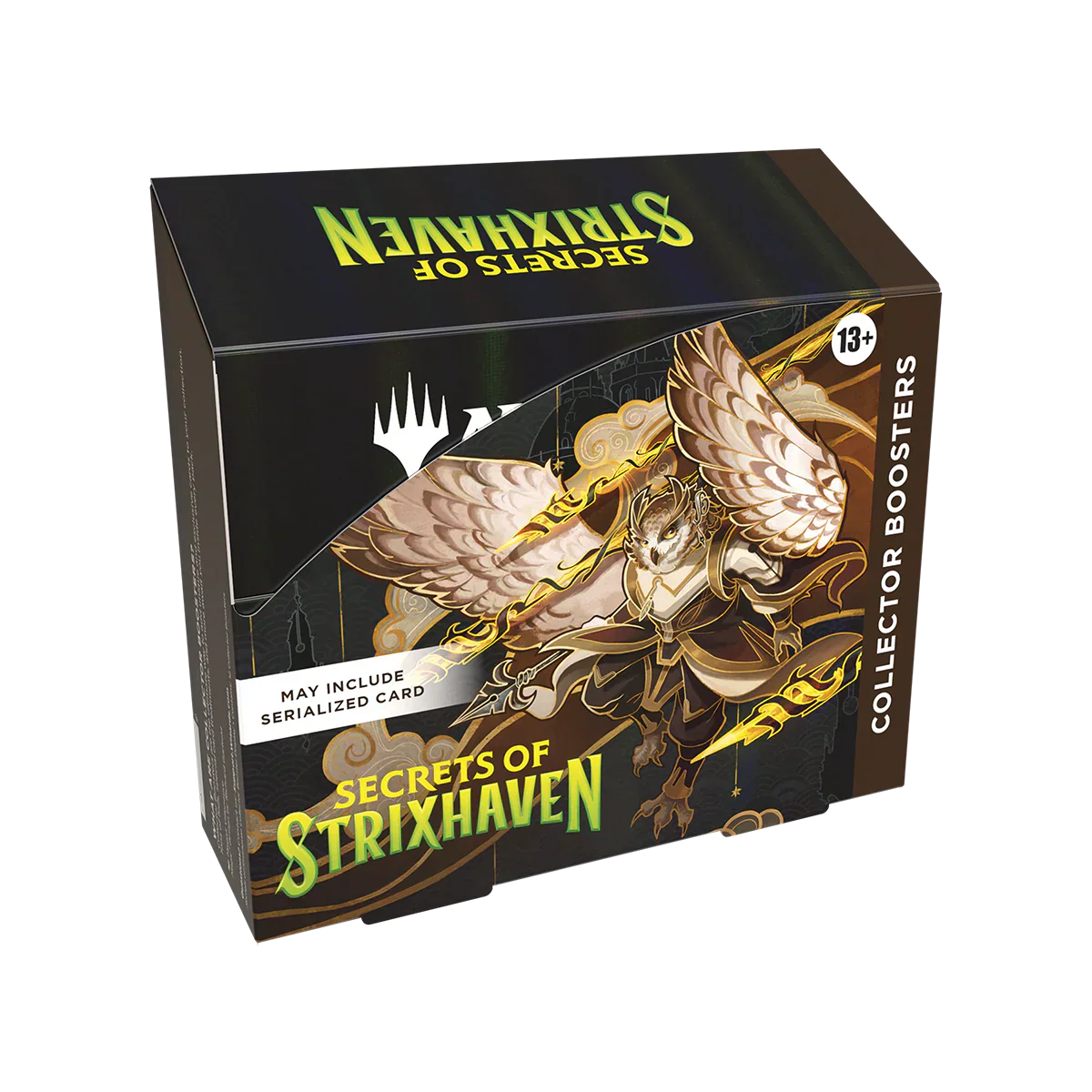 Box of collectible trading card booster packs with fantasy artwork and colorful foil accents