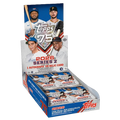 Open hobby box of 2026 baseball cards with colorful card packs and foil accents spilling from the inside