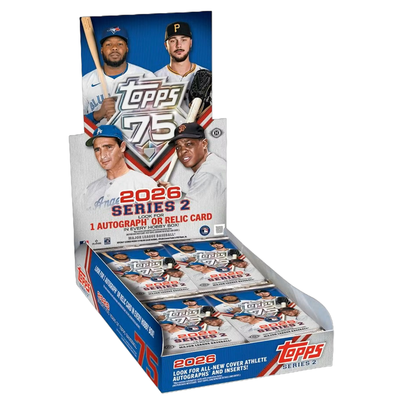 Open hobby box of 2026 baseball cards with colorful card packs and foil accents spilling from the inside