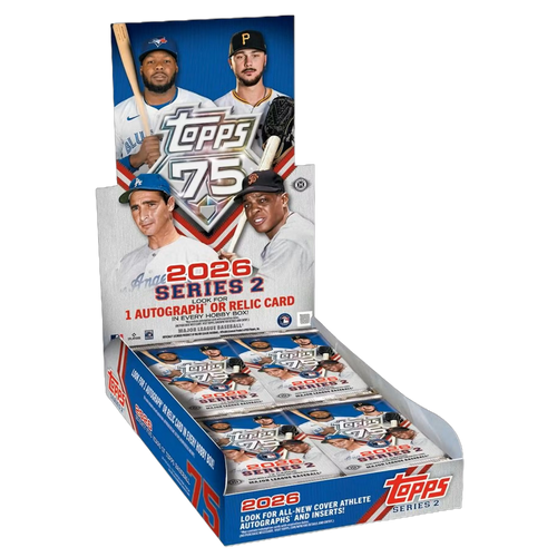 Open hobby box of 2026 baseball cards with colorful card packs and foil accents spilling from the inside