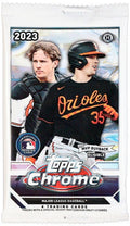 2023 chrome baseball hobby pack box with glossy reflective card imagery and sealed plastic wrap
