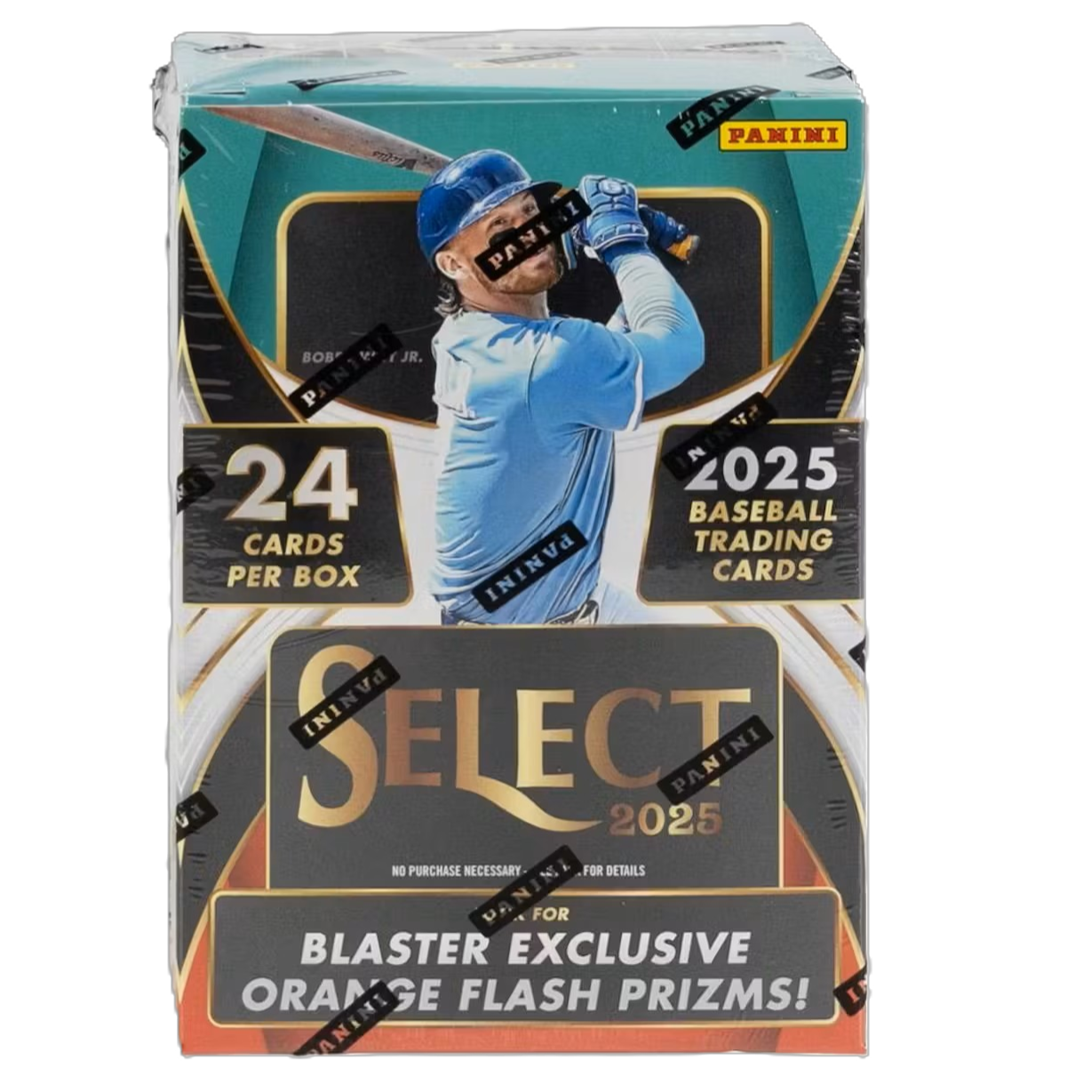 Box of 2025 Select baseball trading cards with colorful team logos and holographic accents on display
