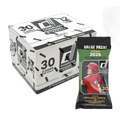 Open box of 12 Panini Donruss 2026 baseball jumbo packs with colorful card art spilling out